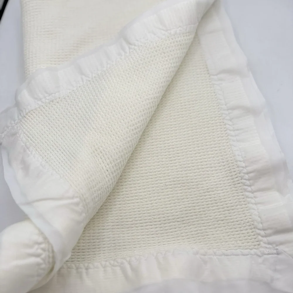 Vintage White Satin Trim Baby Blanket Lovey Waffle Weave 39